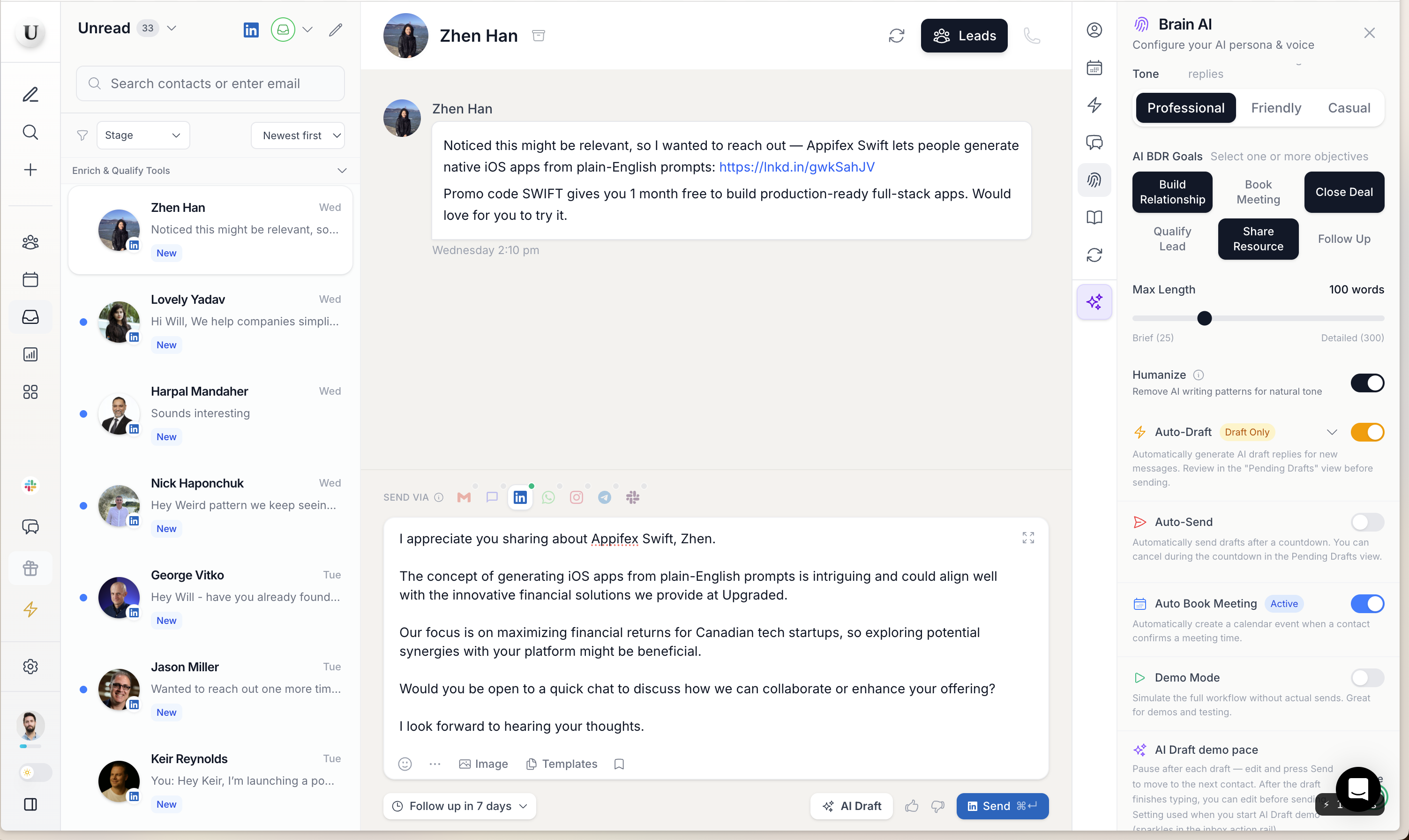 AI BDR inbox interface showing automated LinkedIn outreach and AI-drafted replies